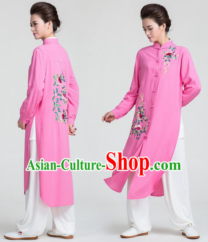 China Tai Chi Training Clothing Traditional Kung Fu Embroidered Rosy Long Gown China Tai Chi Training Clothing Traditional Kung Fu Embroidered Rosy Long Gown