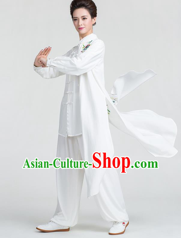 China Traditional Kung Fu Embroidered White Flax Dust Coat Tai Chi Training Clothing China Traditional Kung Fu Embroidered White Flax Dust Coat Tai Chi Training Clothing