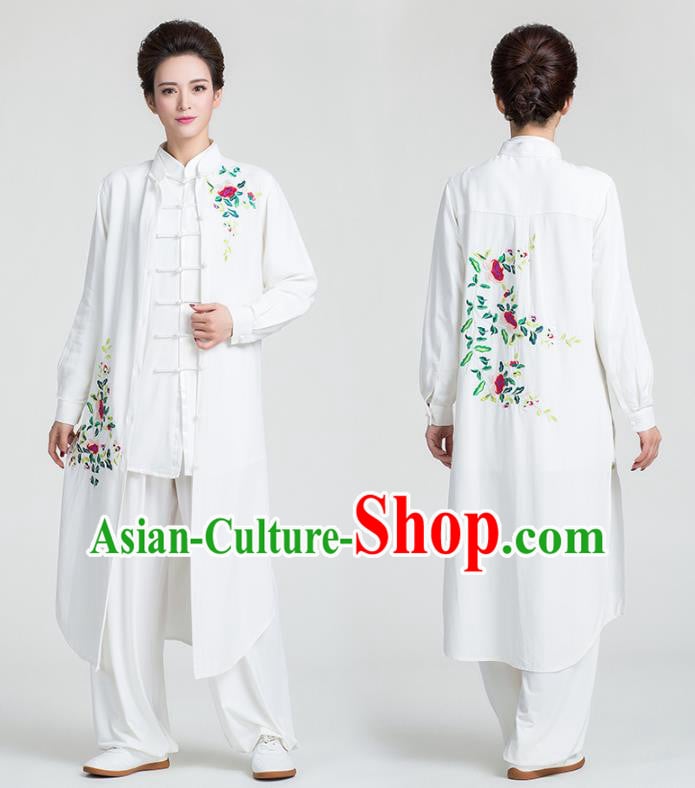 China Traditional Kung Fu Embroidered White Flax Dust Coat Tai Chi Training Clothing China Traditional Kung Fu Embroidered White Flax Dust Coat Tai Chi Training Clothing