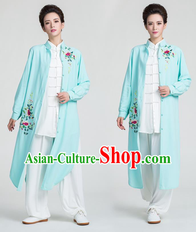 China Traditional Tai Chi Training Clothing Kung Fu Embroidered Light Green Flax Dust Coat China Traditional Tai Chi Training Clothing Kung Fu Embroidered Light Green Flax Dust Coat