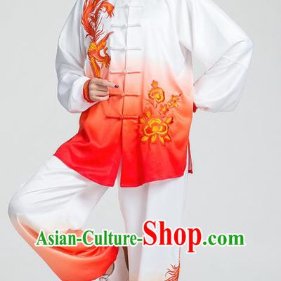 China Traditional Kung Fu Embroidered Phoenix Peony Red Uniforms Tai Chi Stage Performance Clothing