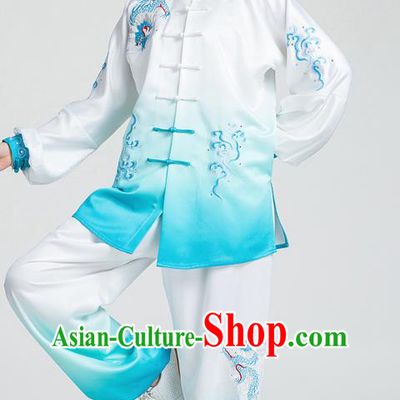 China Tai Chi Stage Performance Clothing Traditional Kung Fu Embroidered Cloud Dragon Blue Uniforms