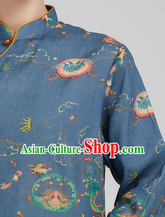 China Tai Chi Clothing Tang Suit Printing Navy Flax Shirt Kung Fu Costum China Tai Chi Clothing Tang Suit Printing Navy Flax Shirt Kung Fu Costum