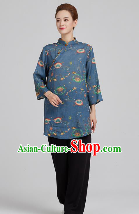 China Tai Chi Clothing Tang Suit Printing Navy Flax Shirt Kung Fu Costum China Tai Chi Clothing Tang Suit Printing Navy Flax Shirt Kung Fu Costum