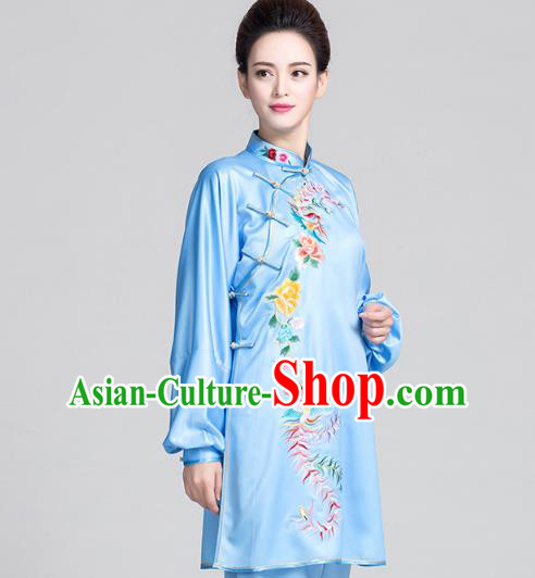 China Best Tai Chi Training Clothing Traditional Embroidered Phoenix Peony Blue Satin Uniforms China Best Tai Chi Training Clothing Traditional Embroidered Phoenix Peony Blue Satin Uniforms