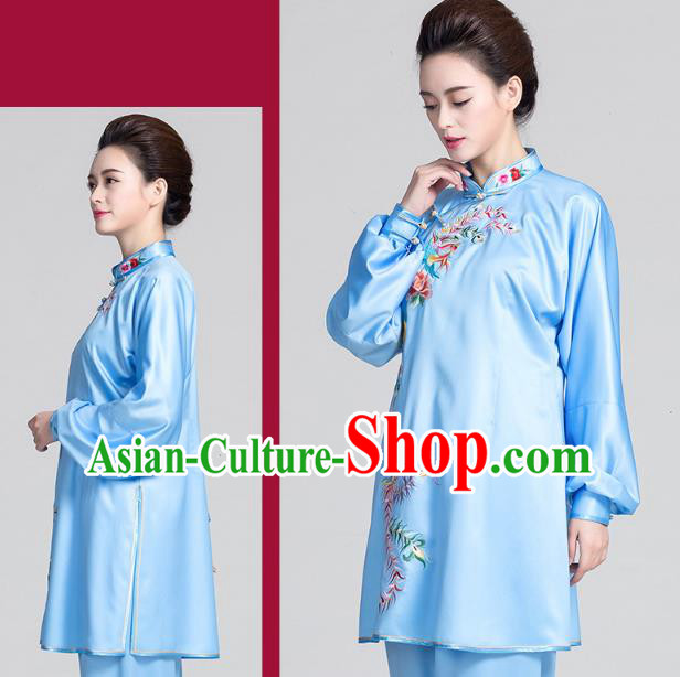 China Best Tai Chi Training Clothing Traditional Embroidered Phoenix Peony Blue Satin Uniforms China Best Tai Chi Training Clothing Traditional Embroidered Phoenix Peony Blue Satin Uniforms
