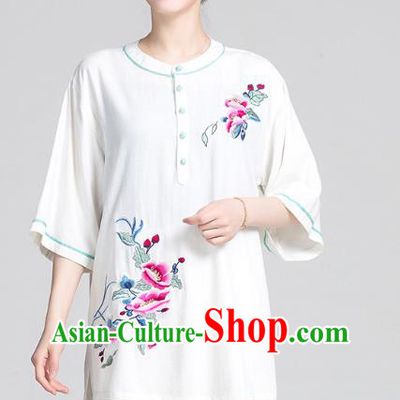 China Summer Tai Chi Clothing Traditional Martial Arts Embroidered White Flax Short Sleeve Uniforms