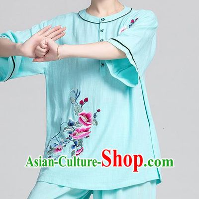 China Traditional Martial Arts Embroidered Light Green Flax Short Sleeve Uniforms Summer Tai Chi Clothing