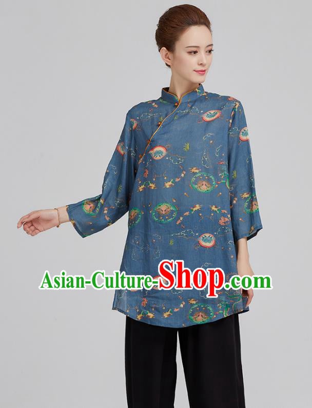 China Tai Chi Clothing Tang Suit Printing Navy Flax Shirt Kung Fu Costum China Tai Chi Clothing Tang Suit Printing Navy Flax Shirt Kung Fu Costum