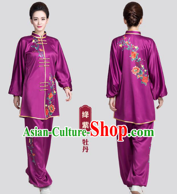 China Tai Chi Training Clothing Traditional Martial Arts Printing Rose Purple Satin Uniforms China Tai Chi Training Clothing Traditional Martial Arts Printing Rose Purple Satin Uniforms