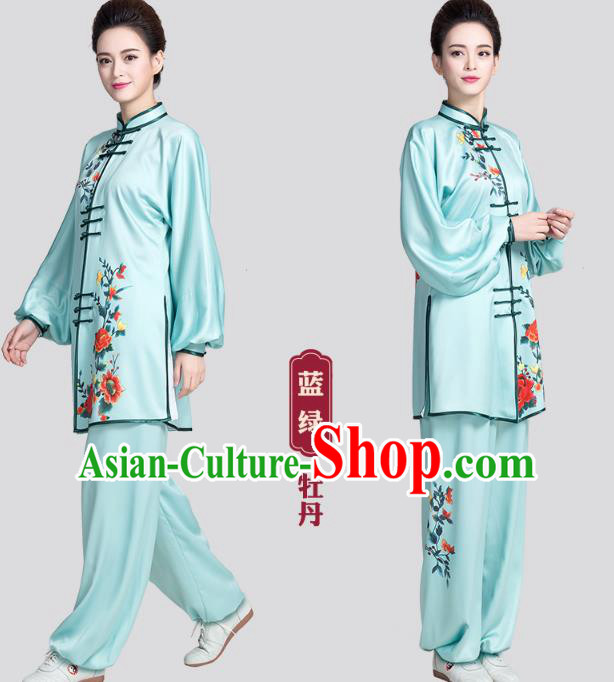 China Martial Arts Clothing Traditional Tai Chi Printing Peony Light Blue Satin Uniforms China Martial Arts Clothing Traditional Tai Chi Printing Peony Light Blue Satin Uniforms