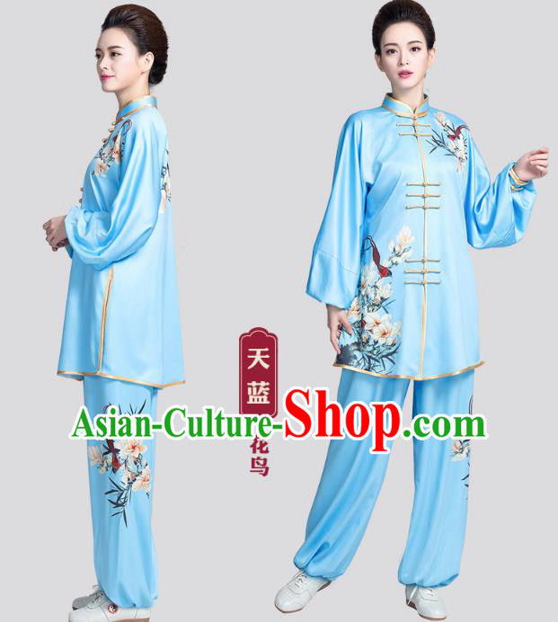 China Kung Fu Competition Clothing Traditional Tai Chi Printing Mangnolia Blue Satin Uniforms China Kung Fu Competition Clothing Traditional Tai Chi Printing Mangnolia Blue Satin Uniforms