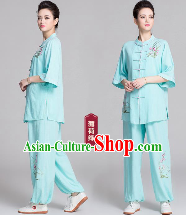 China Kung Fu Competition Clothing Traditional Embroidered Orchids Light Green Flax Uniforms China Kung Fu Competition Clothing Traditional Embroidered Orchids Light Green Flax Uniforms