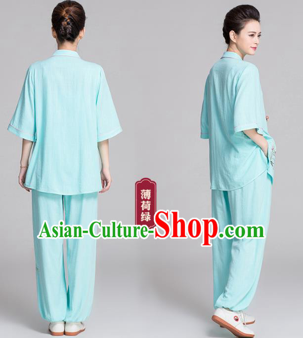 China Kung Fu Competition Clothing Traditional Embroidered Orchids Light Green Flax Uniforms China Kung Fu Competition Clothing Traditional Embroidered Orchids Light Green Flax Uniforms
