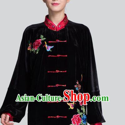 China Tai Chi Competition Clothing Traditional Embroidered Peony Butterfly Black Pleuche Uniforms