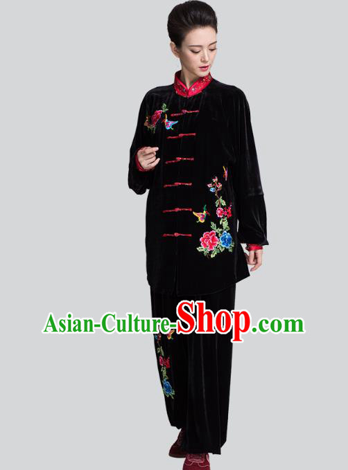 China Tai Chi Competition Clothing Traditional Embroidered Peony Butterfly Black Pleuche Uniforms China Tai Chi Competition Clothing Traditional Embroidered Peony Butterfly Black Pleuche Uniforms
