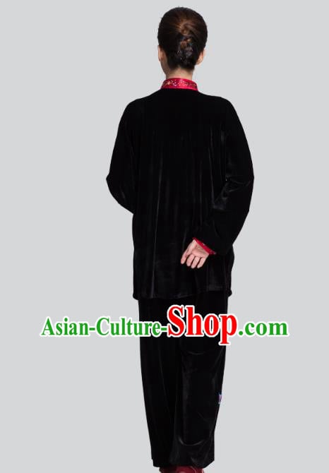 China Tai Chi Competition Clothing Traditional Embroidered Peony Butterfly Black Pleuche Uniforms China Tai Chi Competition Clothing Traditional Embroidered Peony Butterfly Black Pleuche Uniforms