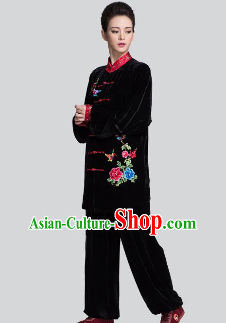 China Tai Chi Competition Clothing Traditional Embroidered Peony Butterfly Black Pleuche Uniforms China Tai Chi Competition Clothing Traditional Embroidered Peony Butterfly Black Pleuche Uniforms