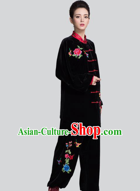 China Tai Chi Competition Clothing Traditional Embroidered Peony Butterfly Black Pleuche Uniforms China Tai Chi Competition Clothing Traditional Embroidered Peony Butterfly Black Pleuche Uniforms