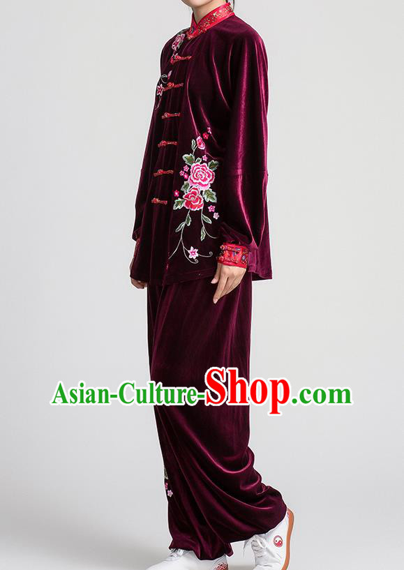China Winter Tai Chi Training Clothing Traditional Embroidered Peony Wine Red Pleuche Uniforms China Winter Tai Chi Training Clothing Traditional Embroidered Peony Wine Red Pleuche Uniforms