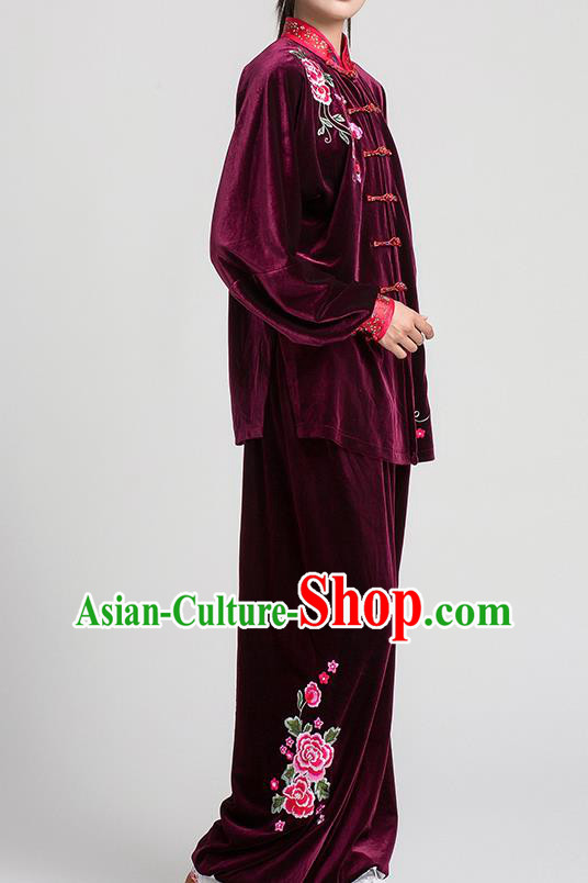 China Winter Tai Chi Training Clothing Traditional Embroidered Peony Wine Red Pleuche Uniforms China Winter Tai Chi Training Clothing Traditional Embroidered Peony Wine Red Pleuche Uniforms
