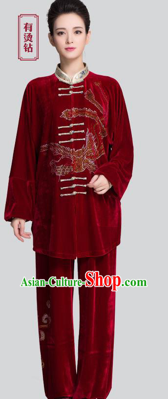 China Martial Arts Clothing Traditional Diamante Phoenix Red Pleuche Uniforms China Martial Arts Clothing Traditional Diamante Phoenix Red Pleuche Uniforms