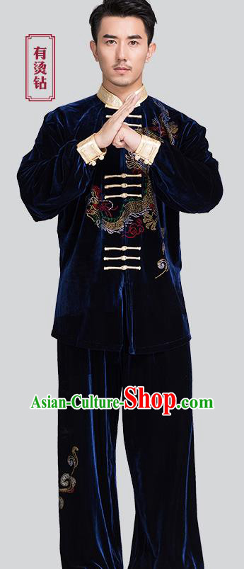 Chinese Traditional Tai Chi Navy Pleuche Costumes Men Kung Fu Uniforms Chinese Traditional Tai Chi Navy Pleuche Costumes Men Kung Fu Uniforms