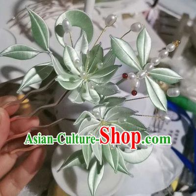 Chinese Traditional Hair Jewelry Ancient Song Dynasty Princess Hair Comb Handmade Green Silk Epiphyllum Hairpin