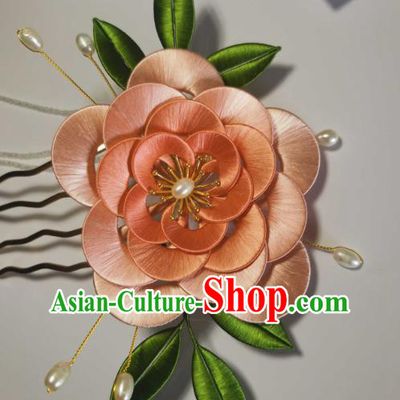 Chinese Ancient Song Dynasty Princess Hair Comb Traditional Hair Jewelry Handmade Orange Silk Camellia Hairpin