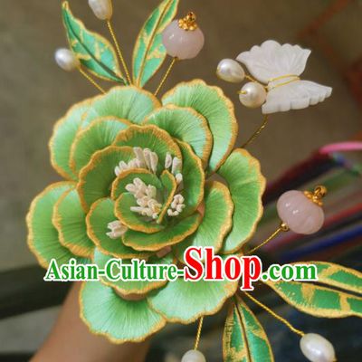 Chinese Traditional Shell Butterfly Hair Jewelry Handmade Green Silk Peony Hairpin Ancient Princess Pearls Hair Stick