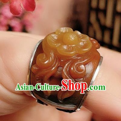 Chinese National Ring Silver Jewelry Traditional Handmade Jadeite Carving Plum Circlet Accessories