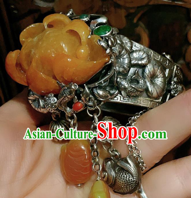 Chinese National Jade Carving Lotus Bracelet Jewelry Traditional Handmade Accessories Silver Bangle Chinese National Jade Carving Lotus Bracelet Jewelry Traditional Handmade Accessories Silver Bangle