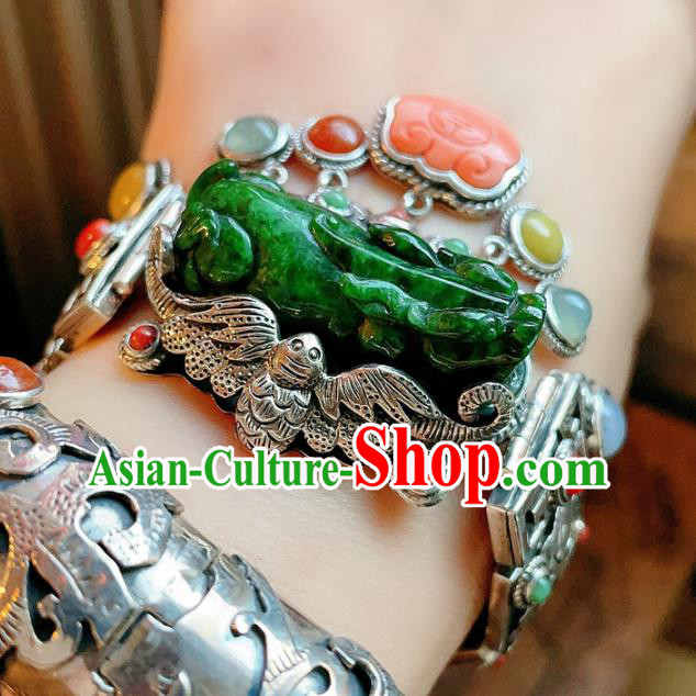 Chinese National Jadeite Tiger Bracelet Jewelry Traditional Handmade Accessories Silver Carving Bat Bangle Chinese National Jadeite Tiger Bracelet Jewelry Traditional Handmade Accessories Silver Carving Bat Bangle