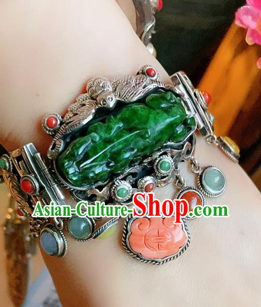Chinese National Jadeite Tiger Bracelet Jewelry Traditional Handmade Accessories Silver Carving Bat Bangle Chinese National Jadeite Tiger Bracelet Jewelry Traditional Handmade Accessories Silver Carving Bat Bangle