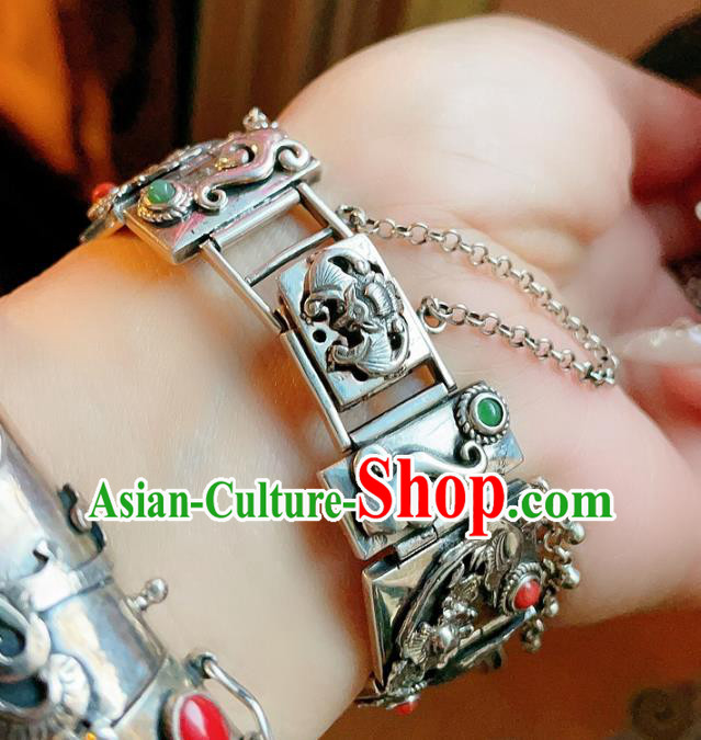 Chinese National Jadeite Tiger Bracelet Jewelry Traditional Handmade Accessories Silver Carving Bat Bangle Chinese National Jadeite Tiger Bracelet Jewelry Traditional Handmade Accessories Silver Carving Bat Bangle