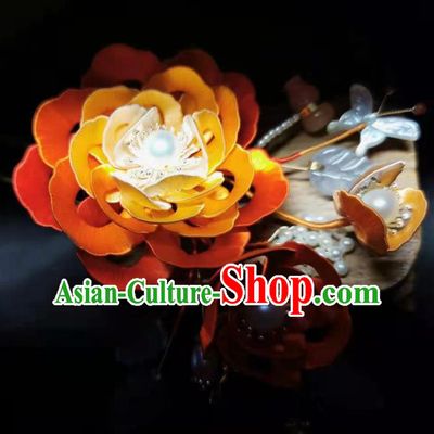 China Handmade Ancient Princess Orange Peony Hair Stick Traditional Hair Accessories Song Dynasty Pearls Hairpin