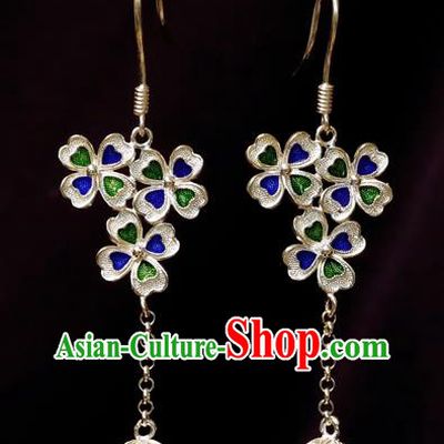 Chinese Traditional Handmade Silver Four Leaf Clover Earrings Accessories National Enamel Ear Jewelry