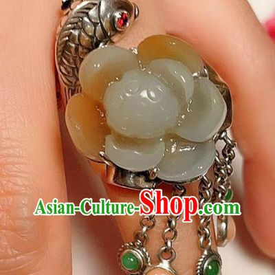 Top Chinese National Silver Carving Fish Ring Jewelry Traditional Handmade Accessories Jade Lotus Circlet