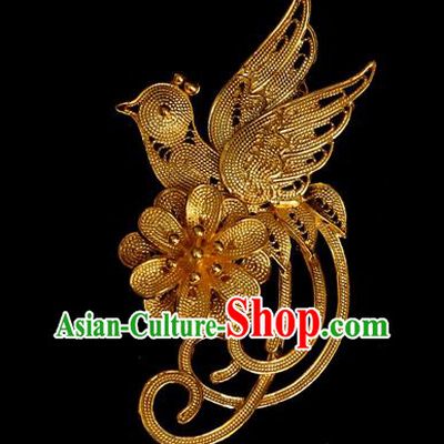 Handmade Chinese Traditional Golden Flower Bird Brooch Accessories Wedding Cheongsam Breastpin Jewelry