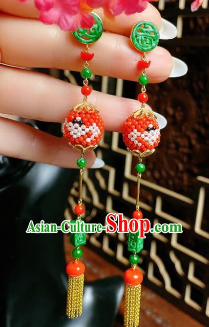 Chinese National Jadeite Tassel Earrings Traditional Jewelry Handmade Red Beads Ear Accessories Chinese National Jadeite Tassel Earrings Traditional Jewelry Handmade Red Beads Ear Accessories