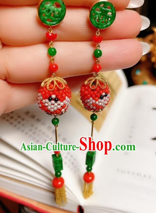 Chinese National Jadeite Tassel Earrings Traditional Jewelry Handmade Red Beads Ear Accessories Chinese National Jadeite Tassel Earrings Traditional Jewelry Handmade Red Beads Ear Accessories