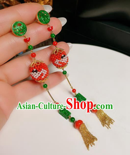 Chinese National Jadeite Tassel Earrings Traditional Jewelry Handmade Red Beads Ear Accessories Chinese National Jadeite Tassel Earrings Traditional Jewelry Handmade Red Beads Ear Accessories