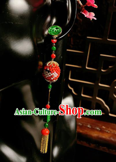 Chinese National Jadeite Tassel Earrings Traditional Jewelry Handmade Red Beads Ear Accessories Chinese National Jadeite Tassel Earrings Traditional Jewelry Handmade Red Beads Ear Accessories