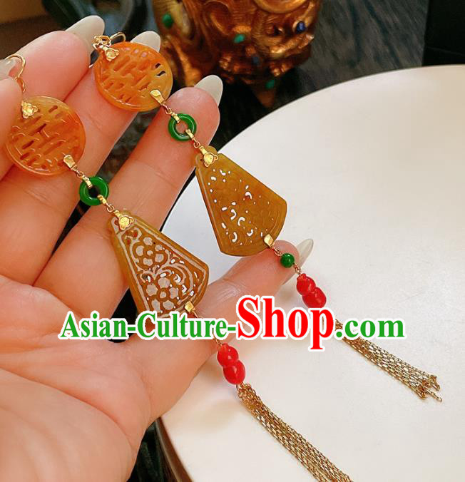 Chinese National Wedding Earrings Traditional Jewelry Handmade Jadeite Tassel Ear Accessories Chinese National Wedding Earrings Traditional Jewelry Handmade Jadeite Tassel Ear Accessories