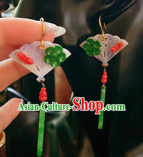 Chinese National Jadeite Fan Earrings Traditional Jewelry Handmade Ear Accessories