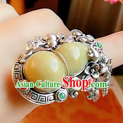 Top Chinese National Jadeite Gourd Ring Jewelry Traditional Handmade Accessories Silver Circlet