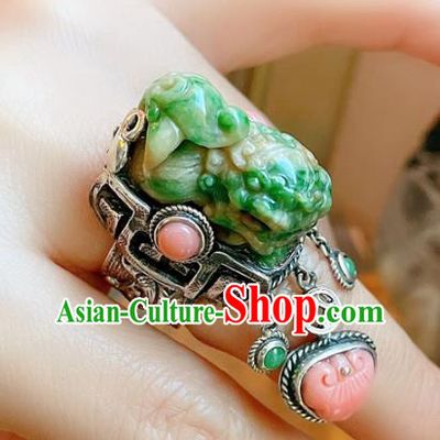 Top Chinese National Ring Silver Jewelry Traditional Handmade Accessories Jade Carving Lion Circlet