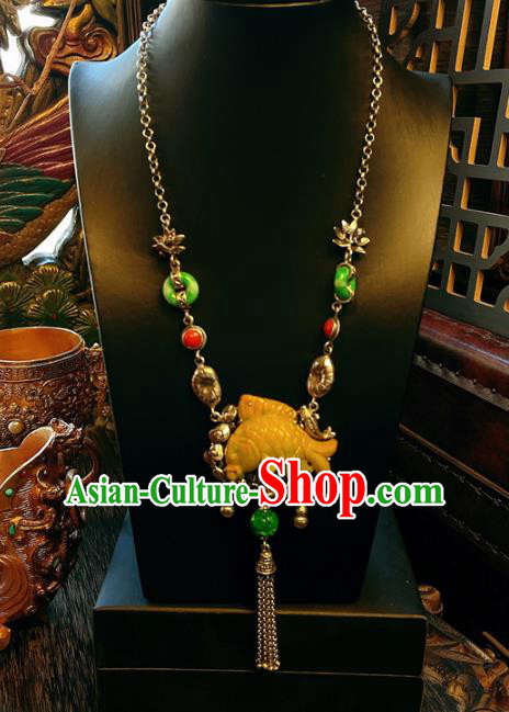 China Traditional Yellow Jade Carp Necklace Accessories Handmade Silver Tassel Necklet Pendant China Traditional Yellow Jade Carp Necklace Accessories Handmade Silver Tassel Necklet Pendant