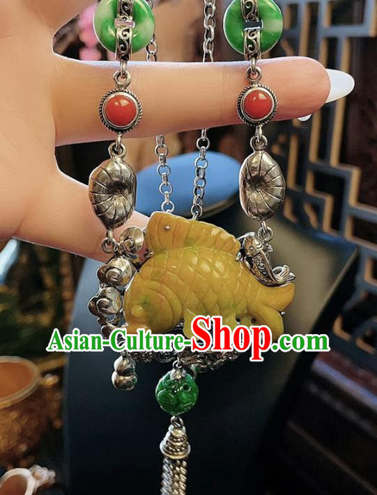 China Traditional Yellow Jade Carp Necklace Accessories Handmade Silver Tassel Necklet Pendant China Traditional Yellow Jade Carp Necklace Accessories Handmade Silver Tassel Necklet Pendant