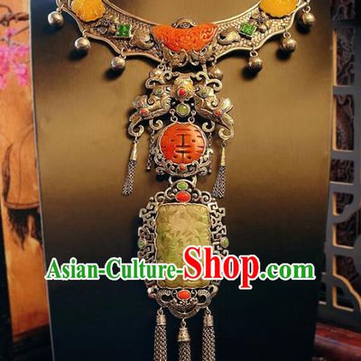 China Traditional Silver Tassel Necklace Accessories Handmade Wedding Jade Necklet Pendant